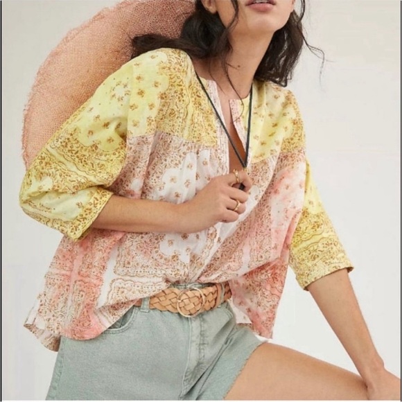 Pilcro and the Letterpress Tavi Blouse Button Down Yellow Pink Anthropologie L - Picture 2 of 13